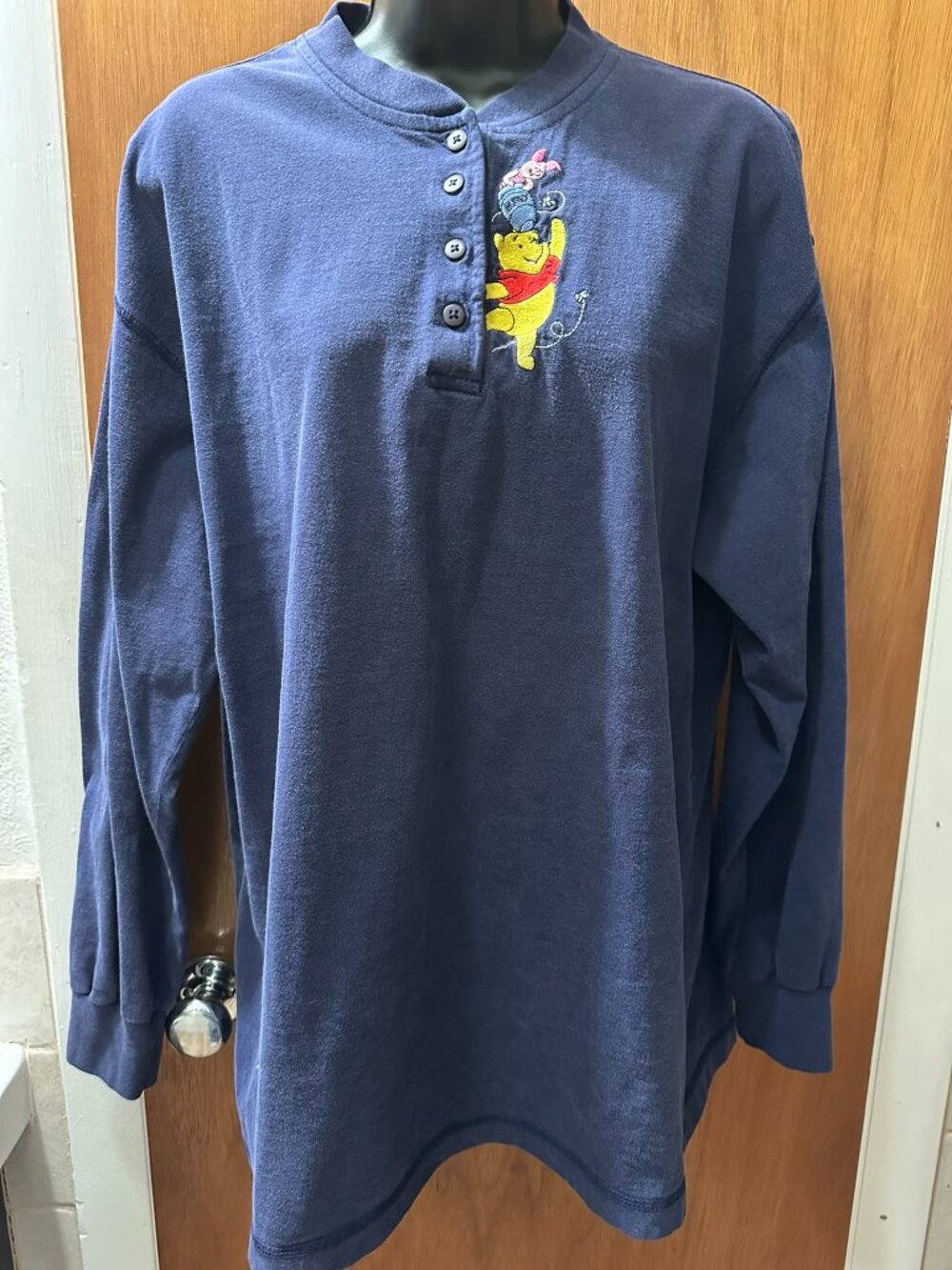 Vintage 1990’s Winnie the Pooh & Piglet Long Sleeve Henley, Navy, Size Lg 14/16 - Picture 1 of 5